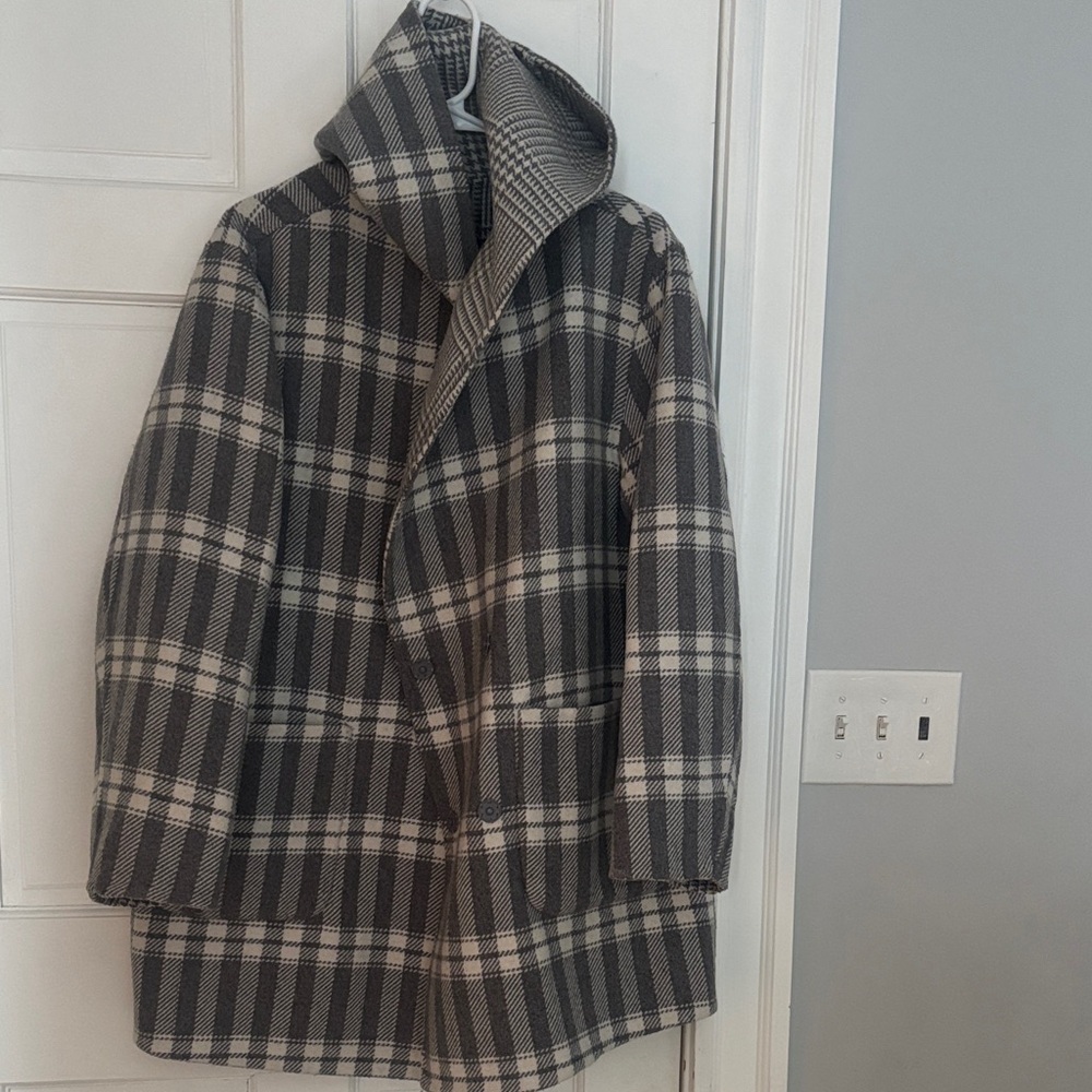 Womens Black and White Plaid Hooded Coat